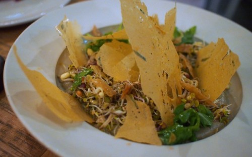 Sprouting seeds & beans, miso aubergine, crispy citrus chicken skin, potato wafer